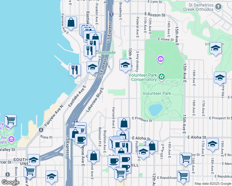 map of restaurants, bars, coffee shops, grocery stores, and more near 1500 Lakeview Boulevard East in Seattle