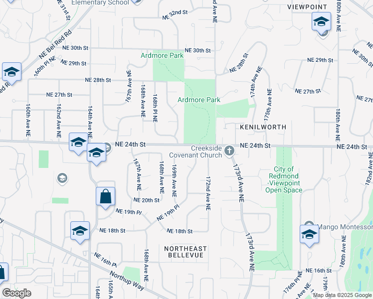 map of restaurants, bars, coffee shops, grocery stores, and more near 16922 Northeast 23rd Place in Bellevue