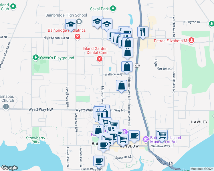map of restaurants, bars, coffee shops, grocery stores, and more near 788 Madison Avenue North in Bainbridge Island
