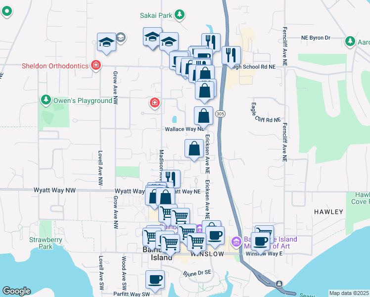 map of restaurants, bars, coffee shops, grocery stores, and more near 282 Knechtel Way Northeast in Bainbridge Island
