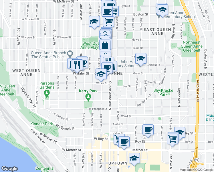 map of restaurants, bars, coffee shops, grocery stores, and more near in Seattle