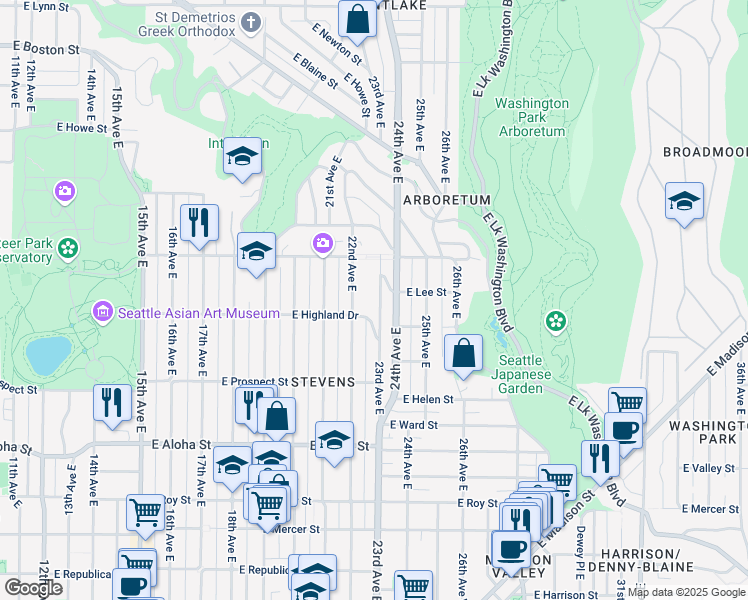 map of restaurants, bars, coffee shops, grocery stores, and more near 1225 23rd Avenue East in Seattle