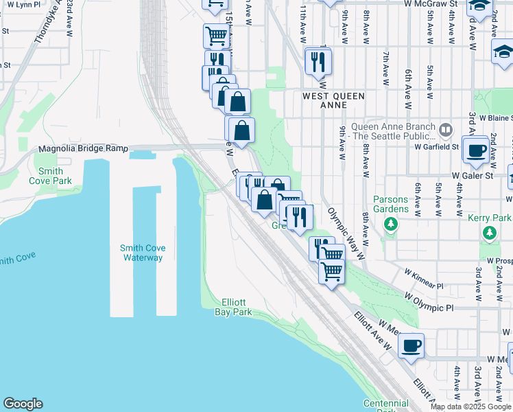 map of restaurants, bars, coffee shops, grocery stores, and more near 1425 Elliott Avenue West in Seattle