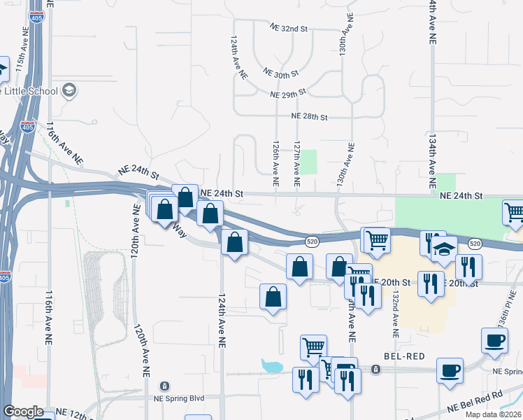 map of restaurants, bars, coffee shops, grocery stores, and more near 12543 Northeast 23rd Place in Bellevue
