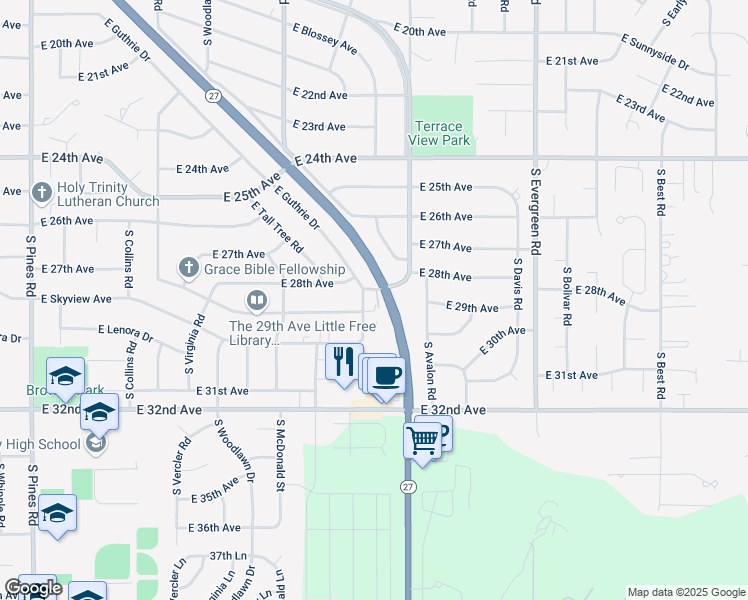map of restaurants, bars, coffee shops, grocery stores, and more near 13320 East 28th Avenue in Spokane Valley