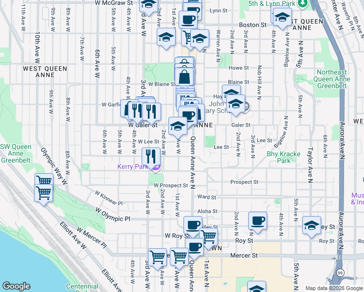 map of restaurants, bars, coffee shops, grocery stores, and more near 21 West Lee Street in Seattle