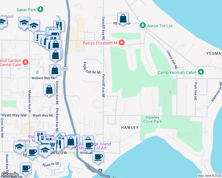 map of restaurants, bars, coffee shops, grocery stores, and more near 748 Ferncliff Avenue Northeast in Bainbridge Island