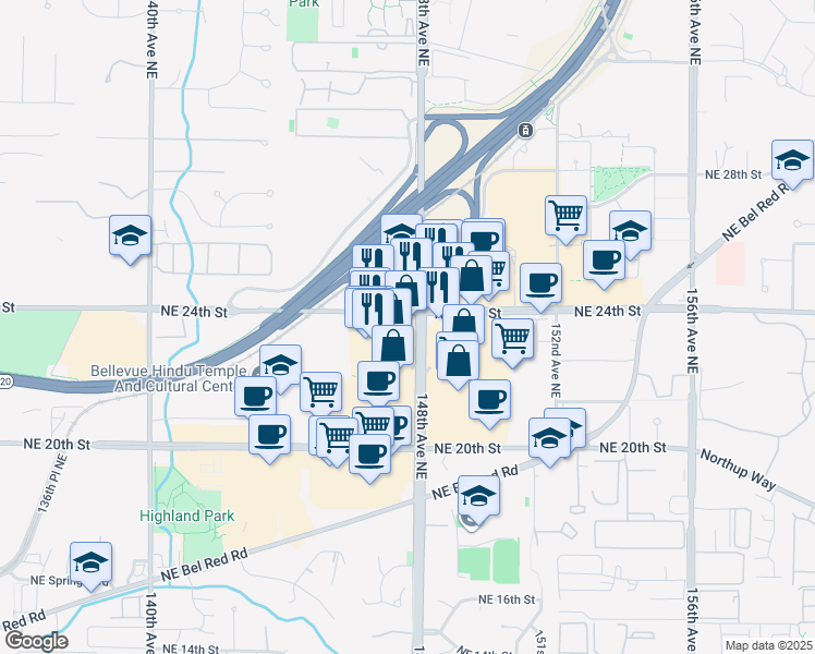 map of restaurants, bars, coffee shops, grocery stores, and more near 2337 148th Avenue Northeast in Bellevue