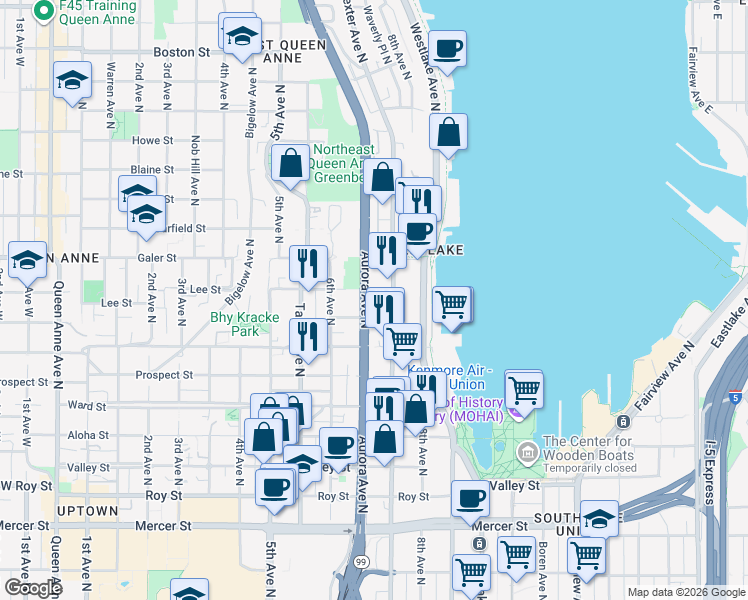 map of restaurants, bars, coffee shops, grocery stores, and more near 1319 Dexter Avenue North in Seattle
