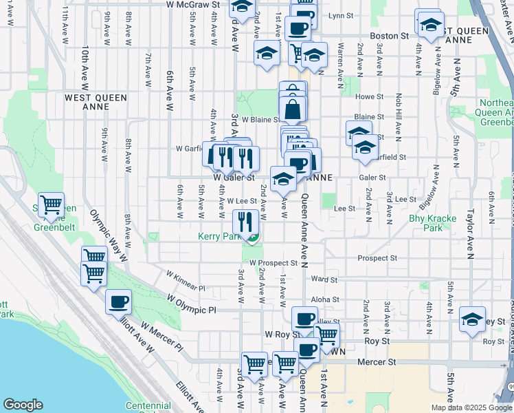 map of restaurants, bars, coffee shops, grocery stores, and more near 205 West Lee Street in Seattle