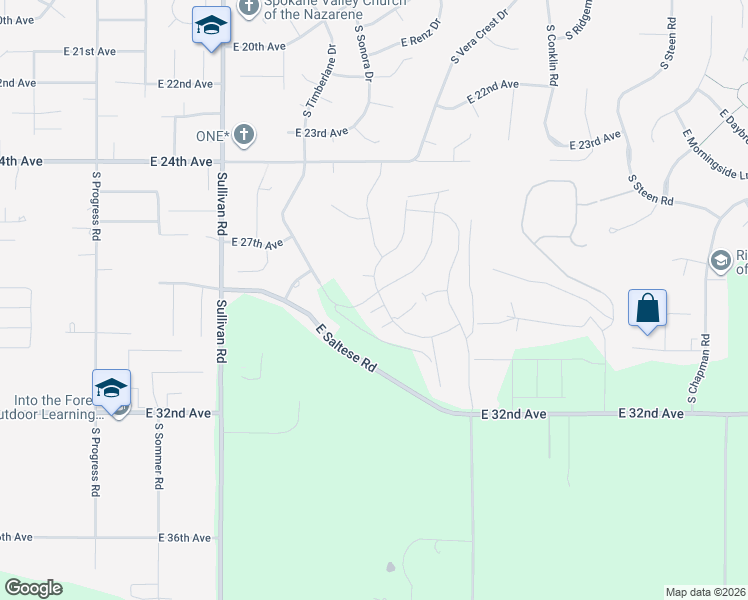 map of restaurants, bars, coffee shops, grocery stores, and more near 2830 South Timberlane Drive in Spokane Valley