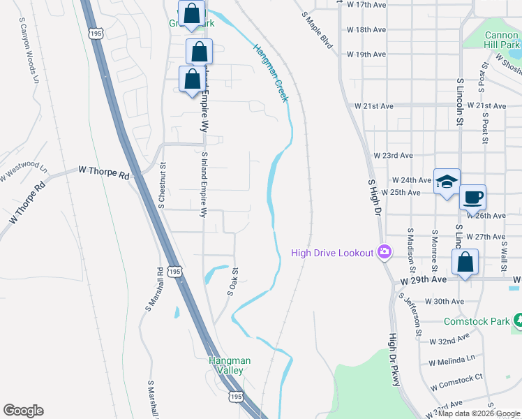 map of restaurants, bars, coffee shops, grocery stores, and more near 1702 West 27th Avenue in Spokane