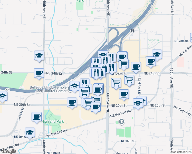 map of restaurants, bars, coffee shops, grocery stores, and more near 14625 Northeast 24th Street in Bellevue