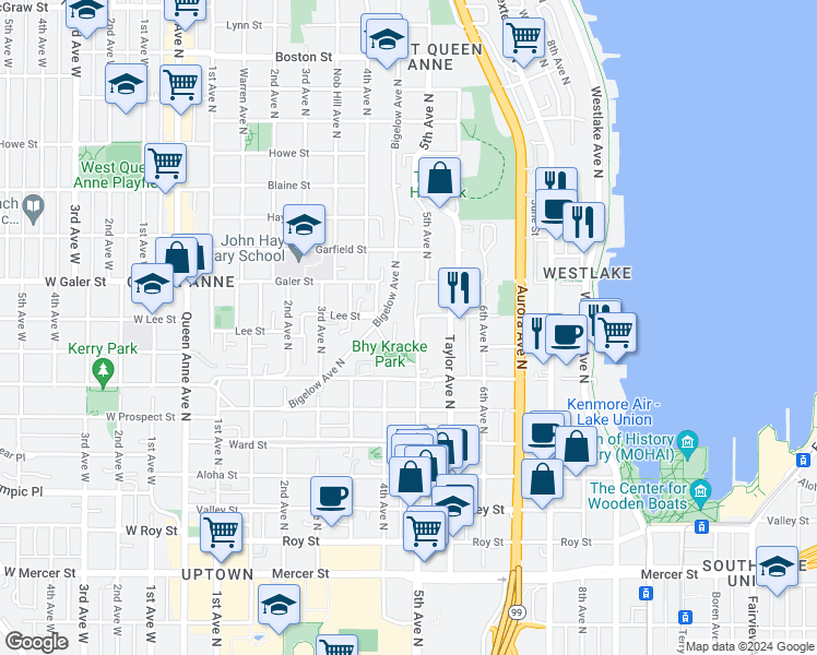 map of restaurants, bars, coffee shops, grocery stores, and more near 1231 5th Avenue North in Seattle