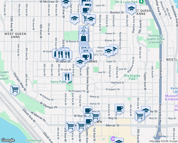 map of restaurants, bars, coffee shops, grocery stores, and more near in Seattle