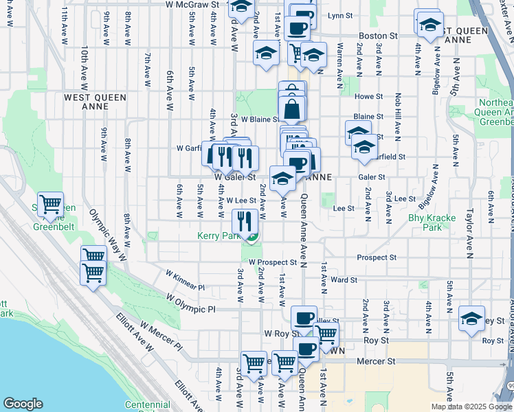 map of restaurants, bars, coffee shops, grocery stores, and more near 205 West Lee Street in Seattle