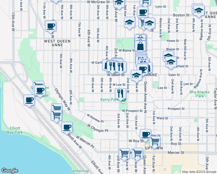 map of restaurants, bars, coffee shops, grocery stores, and more near 411 West Lee Street in Seattle