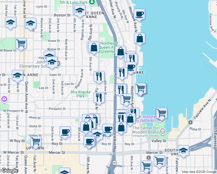 map of restaurants, bars, coffee shops, grocery stores, and more near 1308 6th Avenue North in Seattle