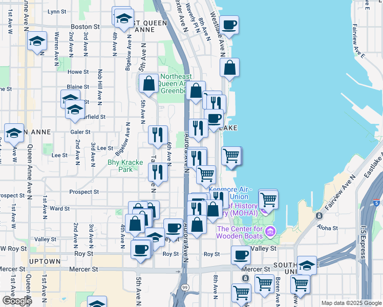 map of restaurants, bars, coffee shops, grocery stores, and more near 1320 Aurora Avenue North in Seattle