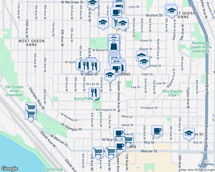 map of restaurants, bars, coffee shops, grocery stores, and more near 101 West Lee Street in Seattle