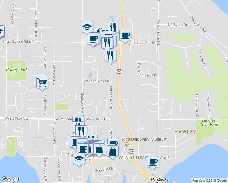 map of restaurants, bars, coffee shops, grocery stores, and more near 730 Ericksen Avenue Northeast in Bainbridge Island