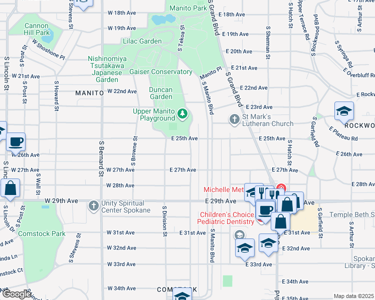 map of restaurants, bars, coffee shops, grocery stores, and more near 2522 South Tekoa Street in Spokane