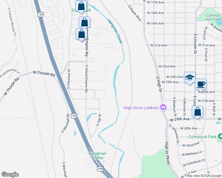 map of restaurants, bars, coffee shops, grocery stores, and more near 1702 West 27th Avenue in Spokane