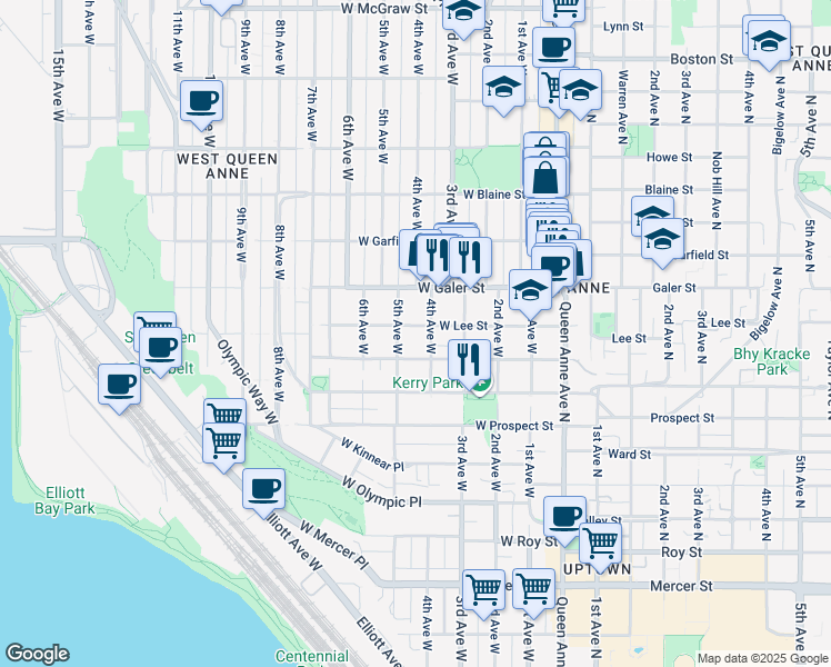 map of restaurants, bars, coffee shops, grocery stores, and more near 411 West Lee Street in Seattle