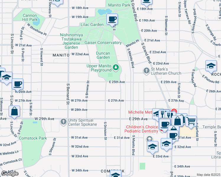 map of restaurants, bars, coffee shops, grocery stores, and more near 11 East 26th Avenue in Spokane