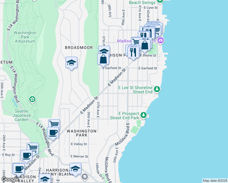 map of restaurants, bars, coffee shops, grocery stores, and more near 3814 East Lee Street in Seattle