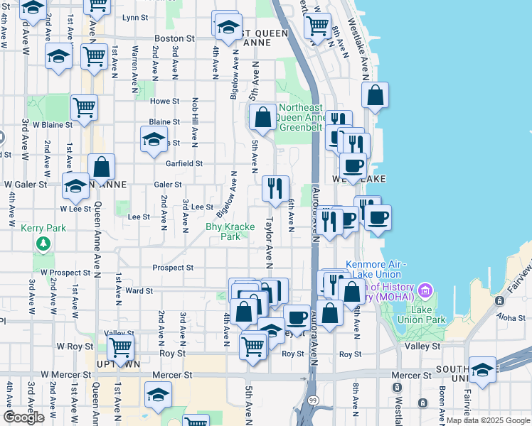 map of restaurants, bars, coffee shops, grocery stores, and more near 1251 Taylor Avenue North in Seattle