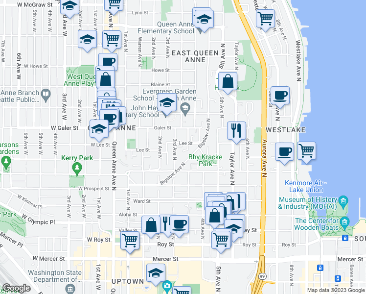 map of restaurants, bars, coffee shops, grocery stores, and more near 317 Lee Street in Seattle