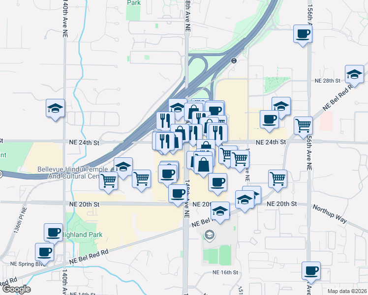 map of restaurants, bars, coffee shops, grocery stores, and more near 2337 148th Avenue Northeast in Bellevue