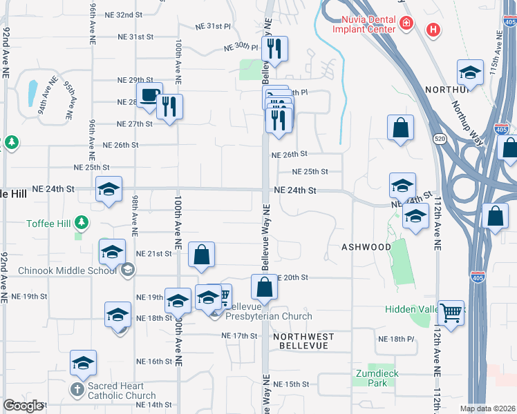 map of restaurants, bars, coffee shops, grocery stores, and more near 2302 103rd Avenue Northeast in Bellevue