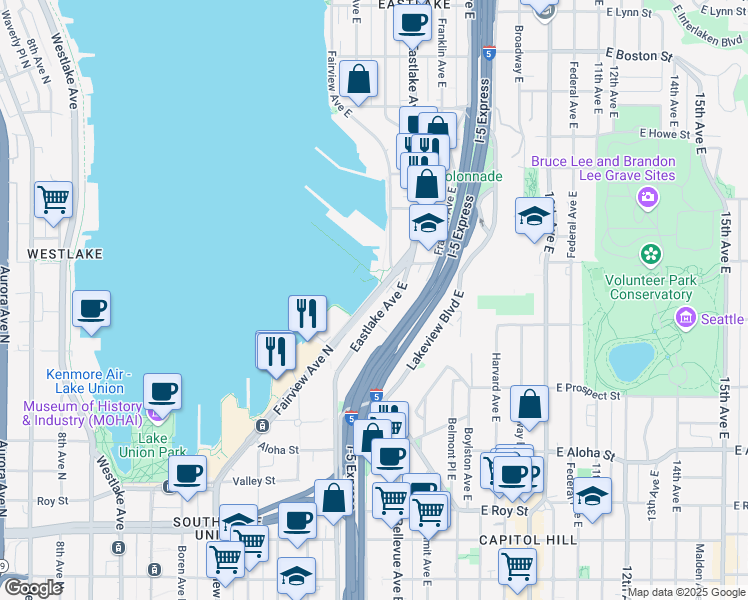 map of restaurants, bars, coffee shops, grocery stores, and more near 1208 Eastlake Avenue East in Seattle