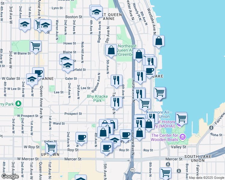 map of restaurants, bars, coffee shops, grocery stores, and more near 1246 Taylor Avenue North in Seattle
