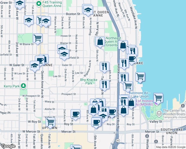 map of restaurants, bars, coffee shops, grocery stores, and more near 1231 5th Avenue North in Seattle