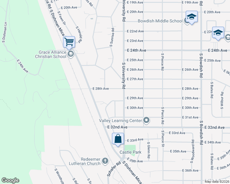 map of restaurants, bars, coffee shops, grocery stores, and more near 10602 East 28th Avenue in Spokane Valley