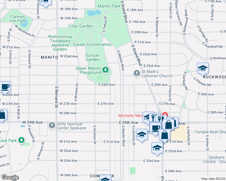 map of restaurants, bars, coffee shops, grocery stores, and more near 2522 South Tekoa Street in Spokane