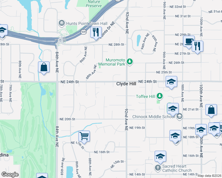 map of restaurants, bars, coffee shops, grocery stores, and more near 9010 Northeast 22nd Place in Clyde Hill