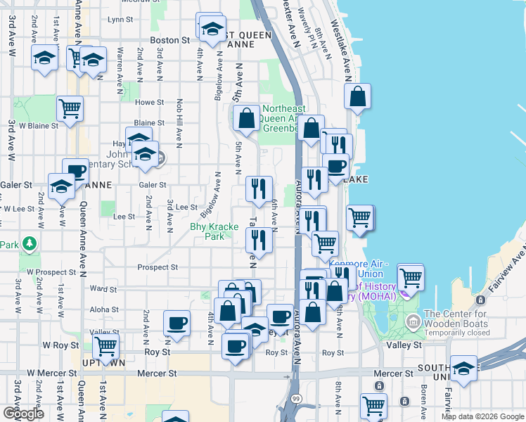 map of restaurants, bars, coffee shops, grocery stores, and more near 1246 Taylor Avenue North in Seattle