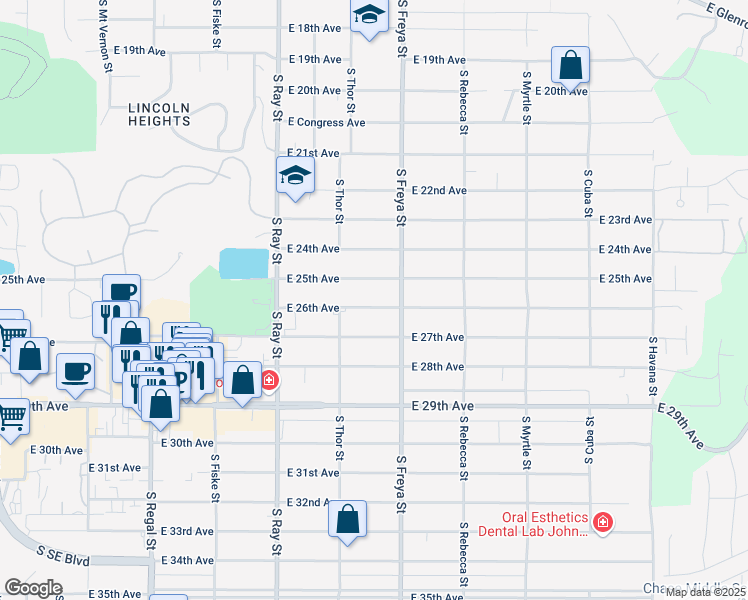 map of restaurants, bars, coffee shops, grocery stores, and more near 3505 East 26th Avenue in Spokane