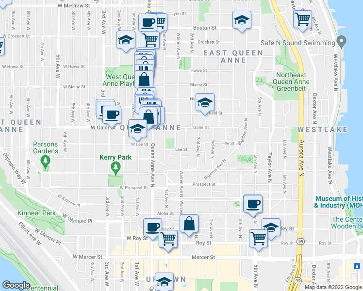 map of restaurants, bars, coffee shops, grocery stores, and more near 161 Lee Street in Seattle