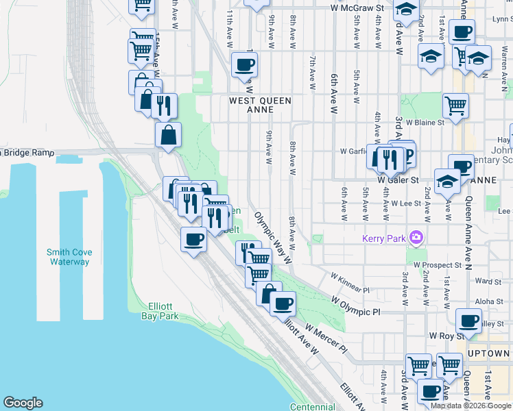 map of restaurants, bars, coffee shops, grocery stores, and more near 1400 Olympic Way West in Seattle