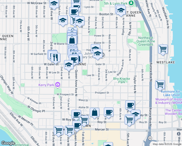 map of restaurants, bars, coffee shops, grocery stores, and more near 161 Lee Street in Seattle