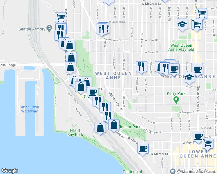 map of restaurants, bars, coffee shops, grocery stores, and more near 1400 Olympic Way West in Seattle