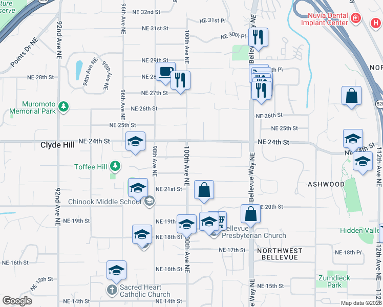 map of restaurants, bars, coffee shops, grocery stores, and more near 10011 Northeast 23rd Street in Bellevue