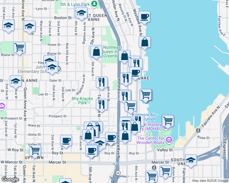 map of restaurants, bars, coffee shops, grocery stores, and more near 1308 6th Avenue North in Seattle