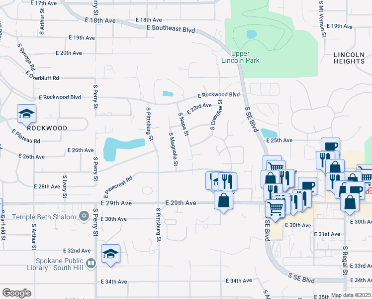map of restaurants, bars, coffee shops, grocery stores, and more near 2521 South Magnolia Street in Spokane