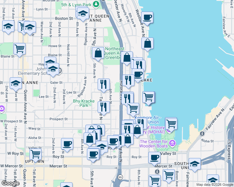 map of restaurants, bars, coffee shops, grocery stores, and more near 1308 6th Avenue North in Seattle
